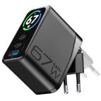 Cellularline PowerView IQ ACH 67W Caricabatterie da rete 67W con smart display TFT, spina pieghevole e tecnologia GaN+. Dotato di 2 porte USB-C e 1 porta USB-A per la ricarica simultanea di più dispositivi.
